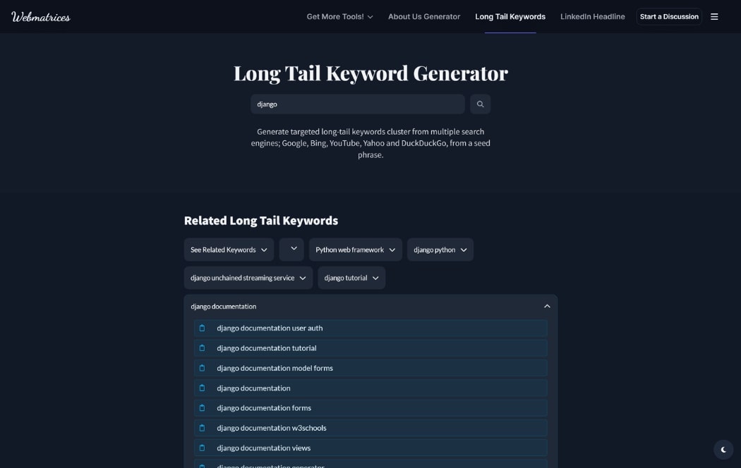 webmatrices long-tail keywords